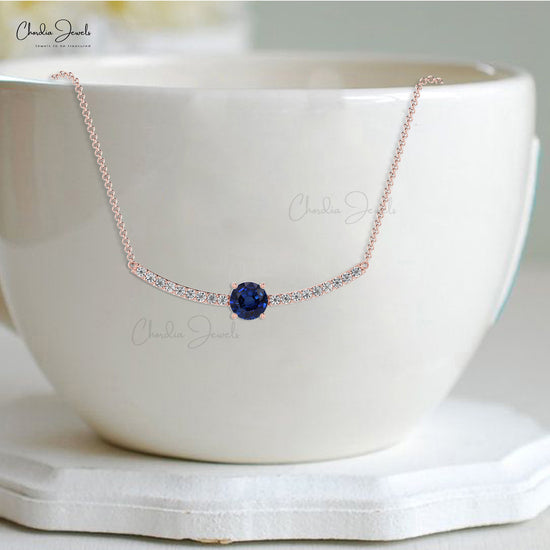 Load image into Gallery viewer, Delicate Blue Sapphire Statement Necklace 5mm Round Cut Gemstone Dainty Necklace 14k Sold Gold G-H Diamond Necklace
