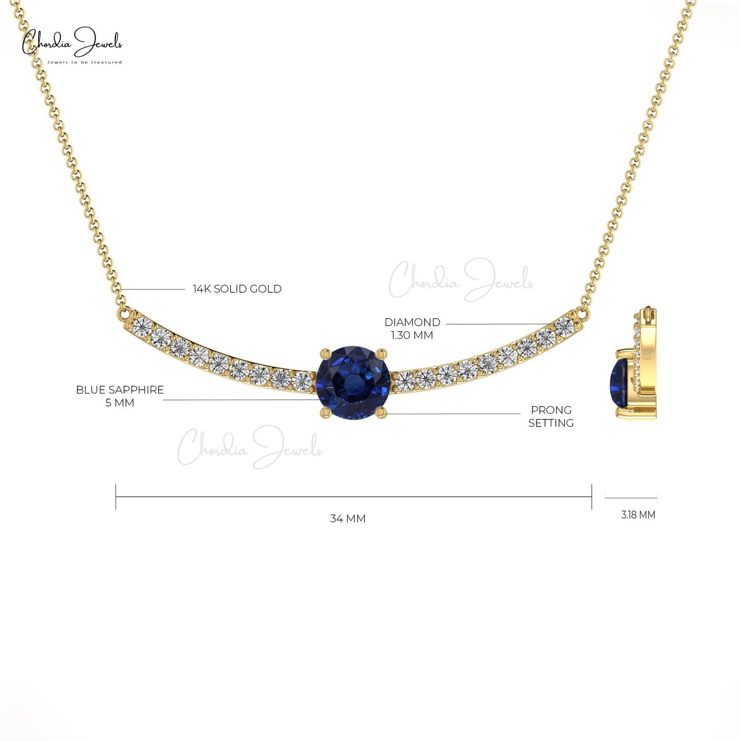 Delicate Blue Sapphire Statement Necklace 5mm Round Cut Gemstone Dainty Necklace 14k Sold Gold G-H Diamond Necklace