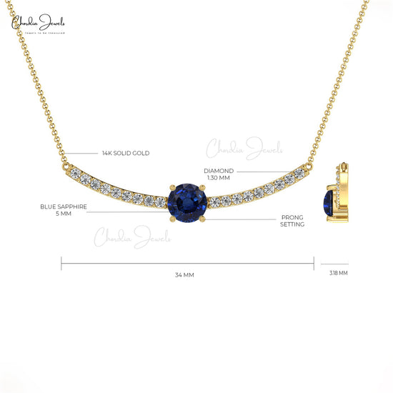 Delicate Blue Sapphire Statement Necklace 5mm Round Cut Gemstone Dainty Necklace 14k Sold Gold G-H Diamond Necklace