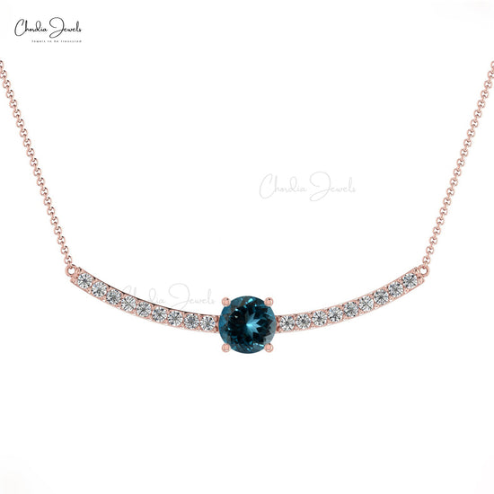 Natural London Blue Topaz and Diamond Necklace, 14k Solid Gold Statement Necklace, 5mm Round December Birthstone Necklace Gift for Her