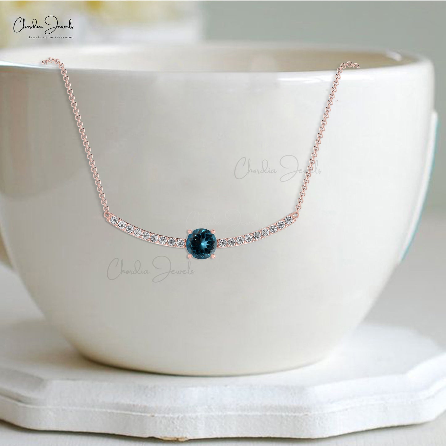 Genuine London Blue Topaz Statement Necklace In Real 14k Gold Diamond Statement Jewelry