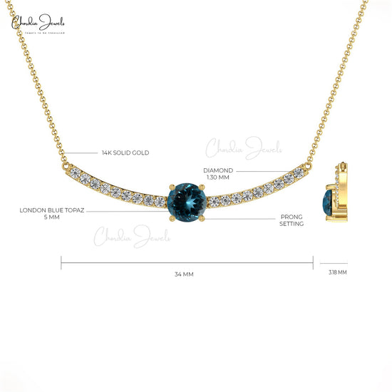 Natural London Blue Topaz and Diamond Necklace, 14k Solid Gold Statement Necklace, 5mm Round December Birthstone Necklace Gift for Her