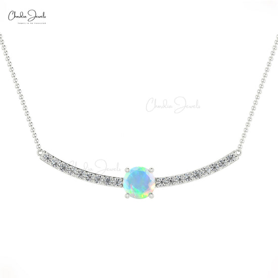 Natural Ethiopian Opal Necklace, 14k Solid Gold Diamond Necklace, 5mm Round Faceted Gemstone Necklace Gift for Anniversary