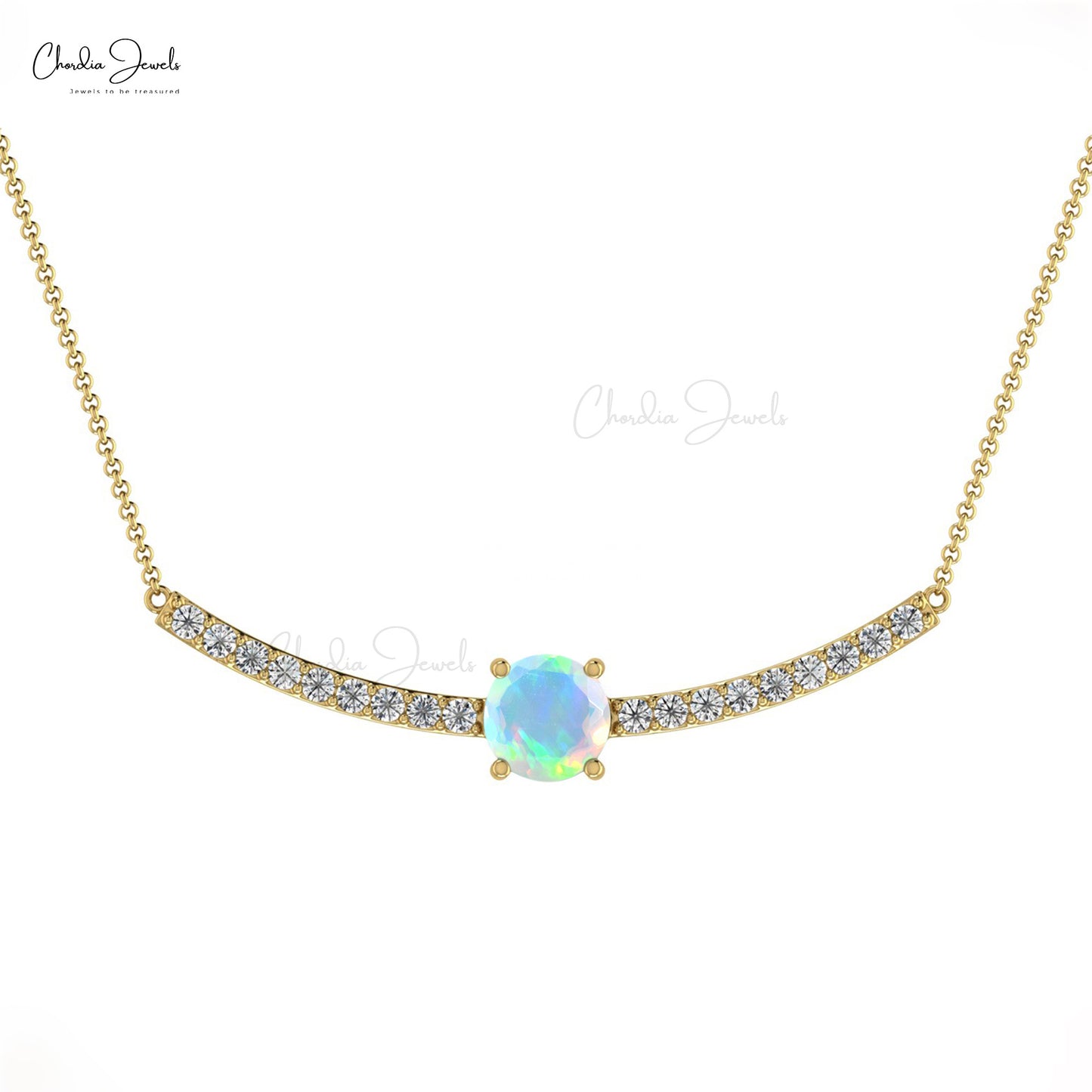 Natural Ethiopian Opal Necklace, 14k Solid Gold Diamond Necklace, 5mm Round Faceted Gemstone Necklace Gift for Anniversary