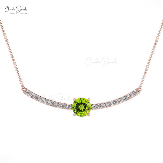 Natural Peridot Statement Necklace, 5mm Round Faceted Gemstone Necklace, 14k Solid Gold Diamond Necklace Gift for Wedding