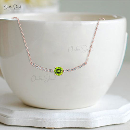 Natural Peridot Statement Necklace, 5mm Round Faceted Gemstone Necklace, 14k Solid Gold Diamond Necklace Gift for Wedding