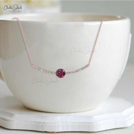 Genuine 14K Gold AAA Rhodolite Garnet & Round Diamond Necklace