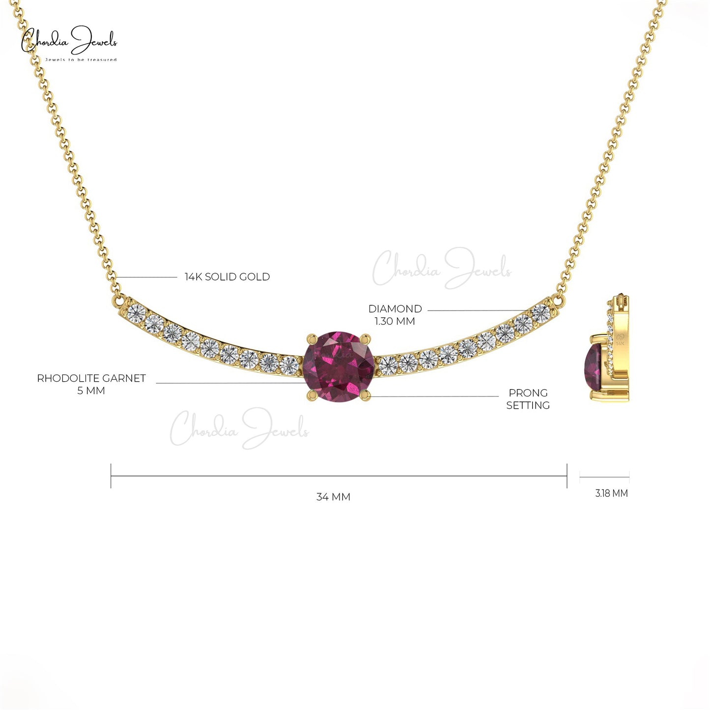 Genuine 14K Gold AAA Rhodolite Garnet & Round Diamond Necklace
