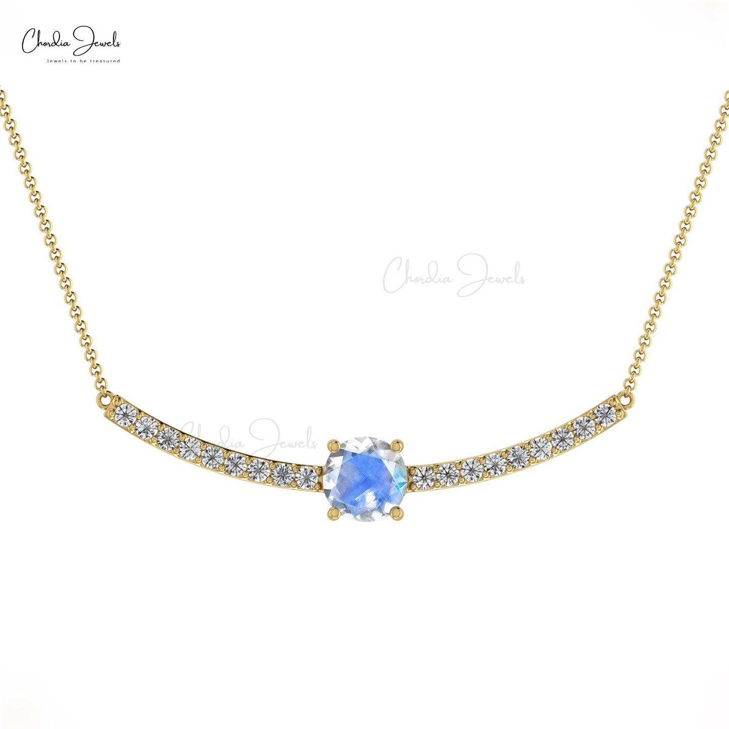 5mm Round Faceted June Birthstone Necklace, 0.6 Carat Natural Rainbow Moonstone Necklace, 14k Solid Gold Diamond Necklace Gift for Her