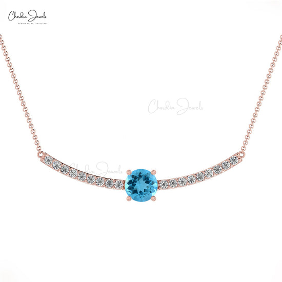 Diamond Statement Necklace In Solid 14k Gold Swiss Blue Topaz Prong Set Handmade Necklaces