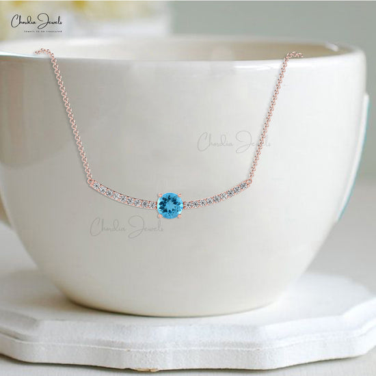 Diamond Statement Necklace In Solid 14k Gold Swiss Blue Topaz Prong Set Handmade Necklaces