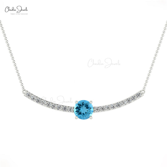 Elegant 14K Gold Natural Swiss Blue Topaz & Round Diamond Necklace