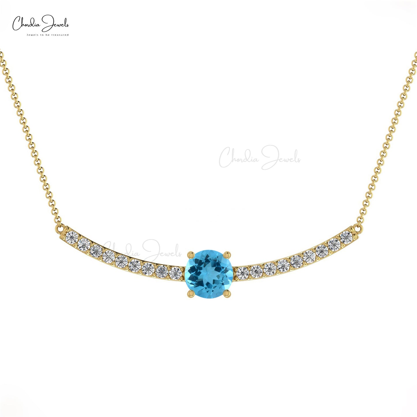 Diamond Statement Necklace In Solid 14k Gold Swiss Blue Topaz Prong Set Handmade Necklaces