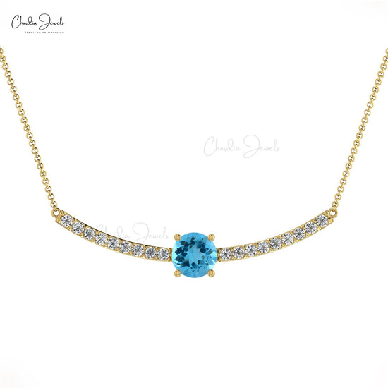 Diamond Statement Necklace In Solid 14k Gold Swiss Blue Topaz Prong Set Handmade Necklaces