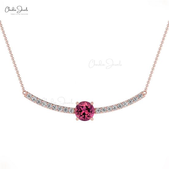 Load image into Gallery viewer, Natural Pink Tourmaline and Diamond Necklace, 5mm Round Faceted October Birthstone Necklace, 14k Solid Gold Necklace Gift for Wedding
