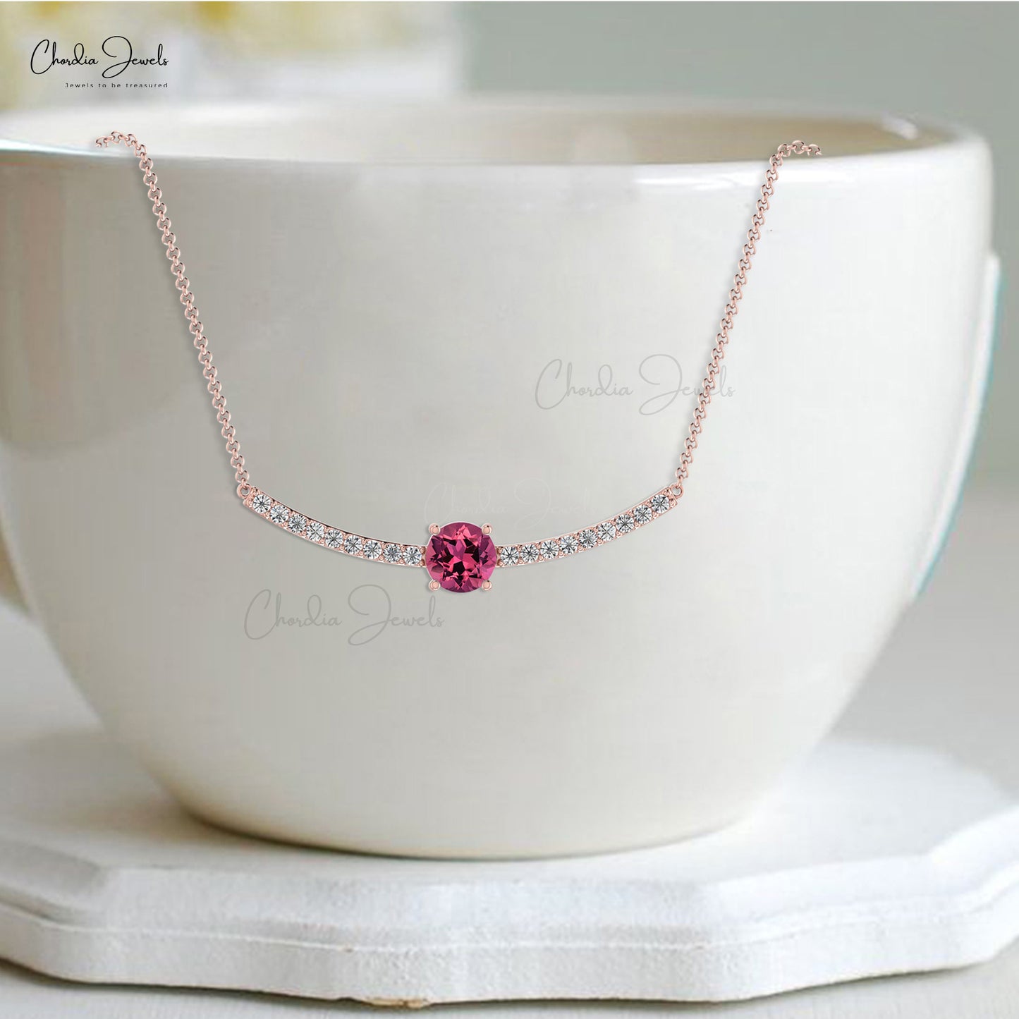 Natural Pink Tourmaline Statement Necklace In Solid 14k Gold Diamond Hallmark Jewelry