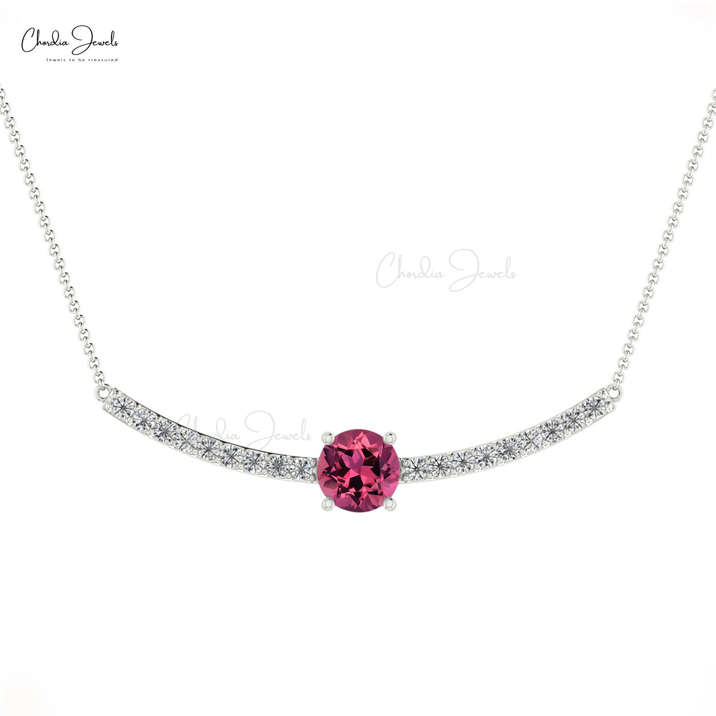 Natural Pink Tourmaline and Diamond Necklace, 5mm Round Faceted October Birthstone Necklace, 14k Solid Gold Necklace Gift for Wedding