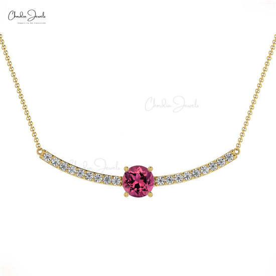 Load image into Gallery viewer, Natural Pink Tourmaline and Diamond Necklace, 5mm Round Faceted October Birthstone Necklace, 14k Solid Gold Necklace Gift for Wedding
