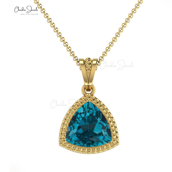 Lovely Charms Pendant in 14k Solid Gold 6mm Trillion Authentic London Blue Topaz Gemstone Pendant Necklace Fine Jewelry For Women