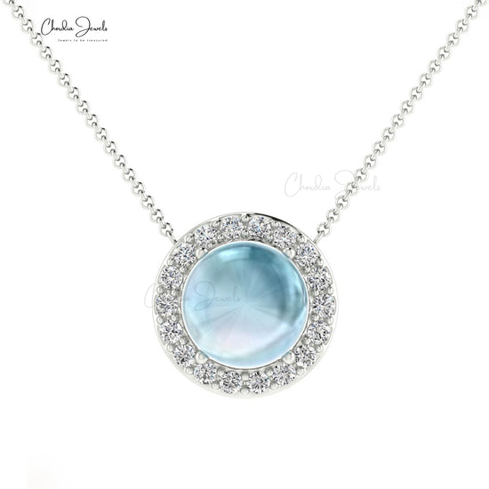 Load image into Gallery viewer, Natural Aquamarine Halo Necklace in14k Solid Gold Diamond Necklace
