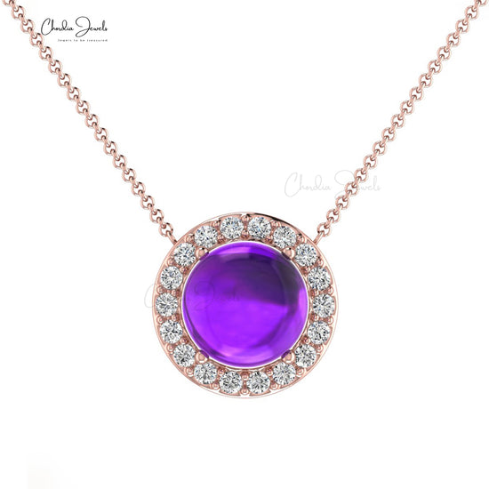 Solid 14k Gold Amethyst Diamond Halo Necklace For Mother's Day