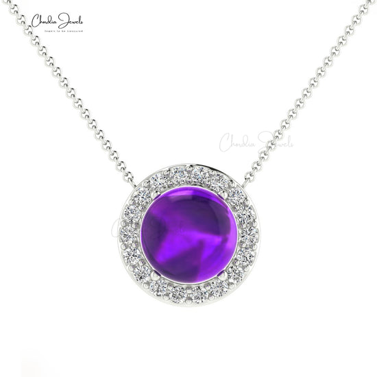 Solid 14k Gold Amethyst Diamond Halo Necklace For Mother's Day