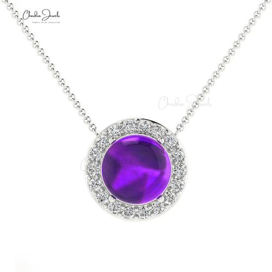 Solid 14k Gold Amethyst Diamond Halo Necklace For Mother's Day
