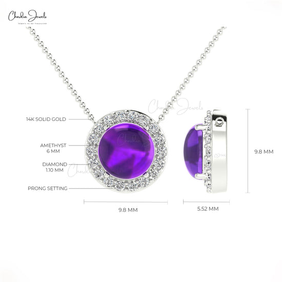 Solid 14k Gold Amethyst Diamond Halo Necklace For Mother's Day