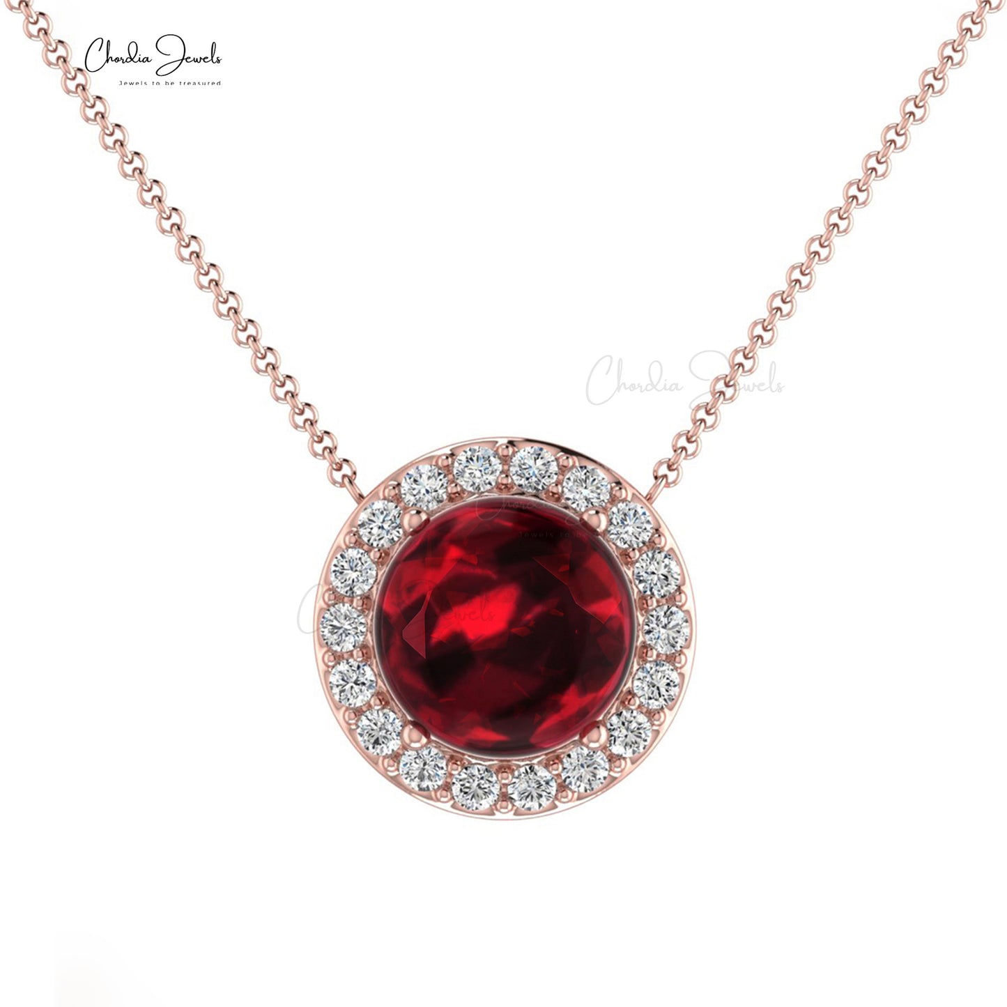 Natural Garnet Diamond Halo 14K Real Gold Minimalist Necklace