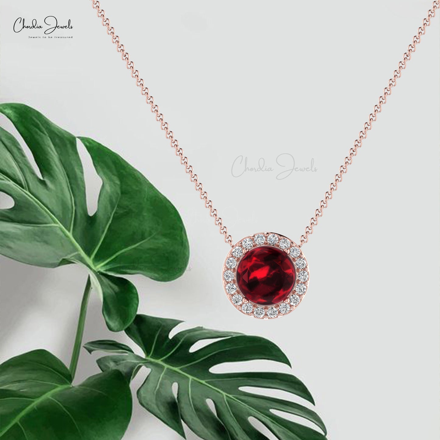 Natural Garnet Diamond Halo 14K Real Gold Minimalist Necklace