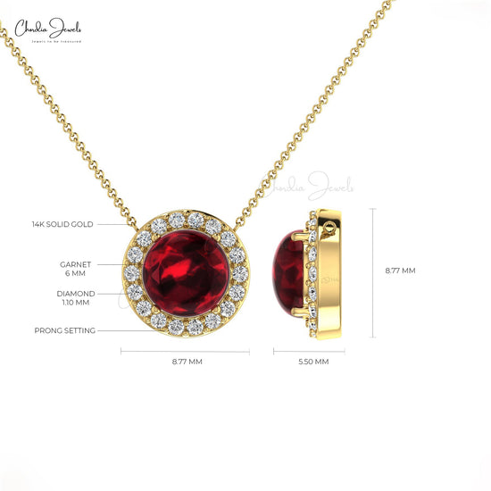 Natural Garnet Diamond Halo 14K Real Gold Minimalist Necklace