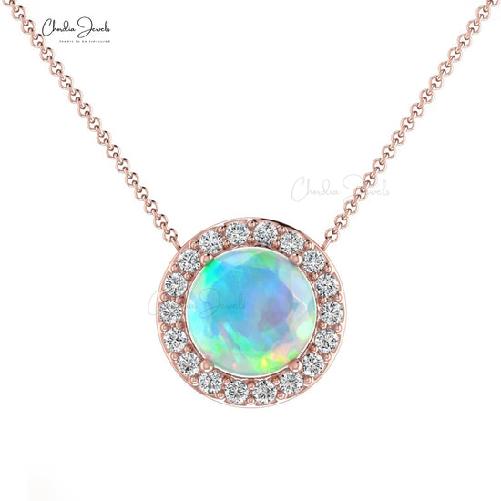 Real 14k Gold With 0.75 Ct Fire Opal & Diamond Halo Chain Necklace For Her Birthday