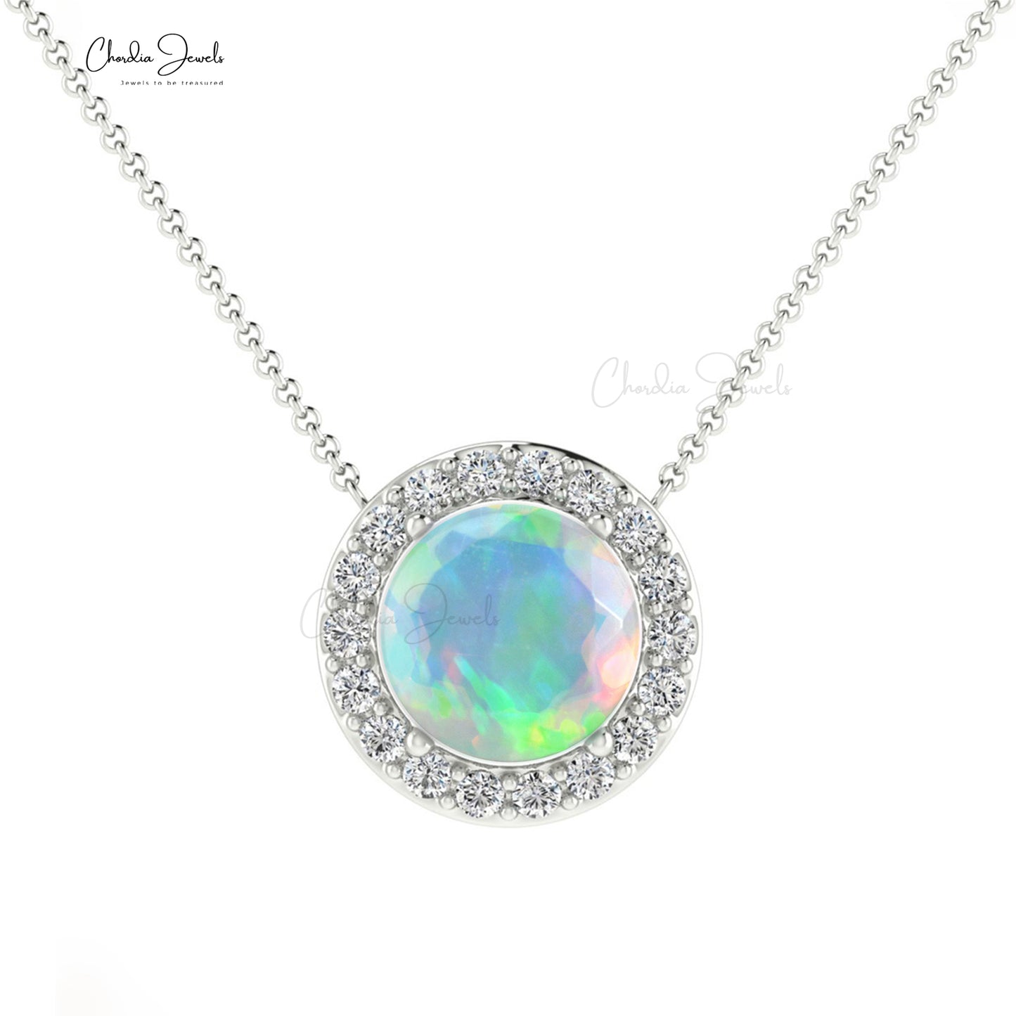 Real 14k Gold With 0.75 Ct Fire Opal & Diamond Halo Chain Necklace For Her Birthday