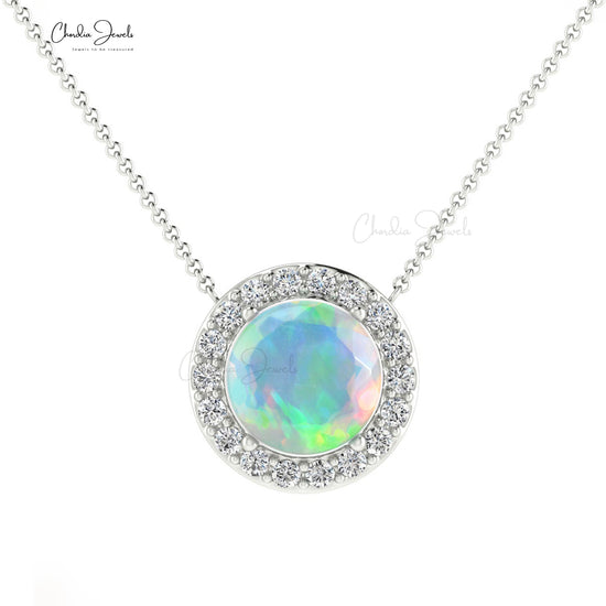 Real 14k Gold With 0.75 Ct Fire Opal & Diamond Halo Chain Necklace For Her Birthday