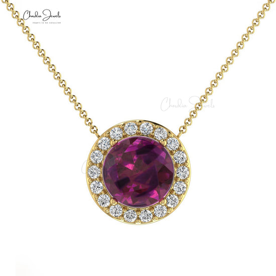 Luxury Fashion Trendy Women Natural Diamond Halo Necklace Pendant 6mm Round Rhodolite Garnet Necklace 14k Real Gold Hallmarked Jewelry For Gift