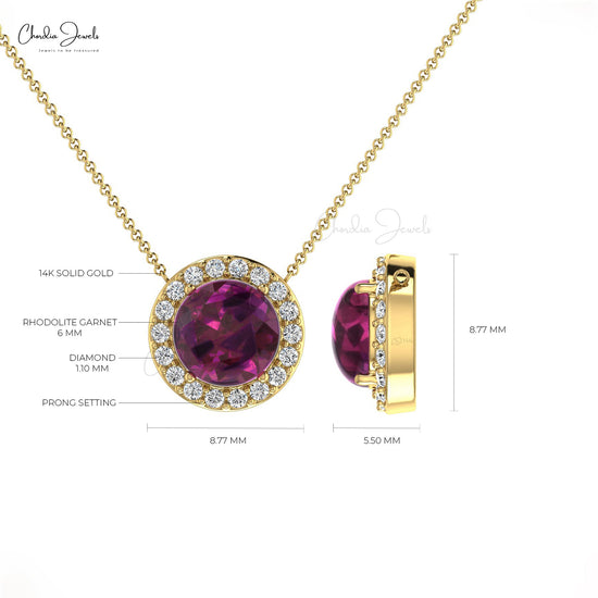 January Birthstone Genuine Round Rhodolite Garnet & Diamond Halo Necklace in 14K Solid Gold
