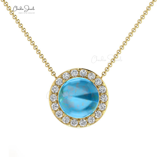 Natural Swiss Blue Topaz 6mm Round Cabochon Necklace, 14k Solid Gold Diamond Necklace, December Birthstone Halo Necklace Gift for Her