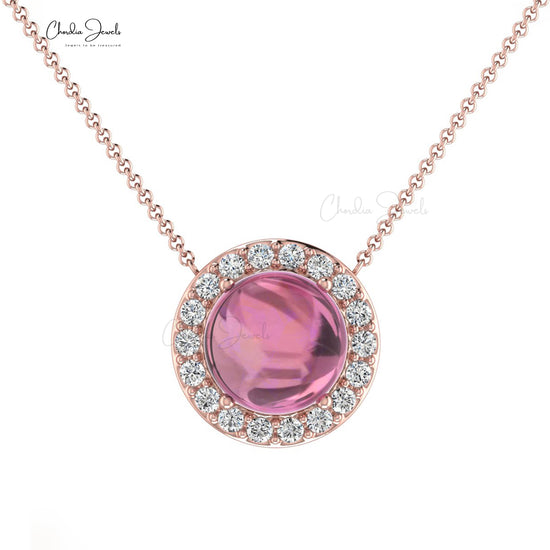 Natural Pink Tourmaline & Diamond Halo Necklace 14k Solid Gold Dainty Necklace Gift For Wife