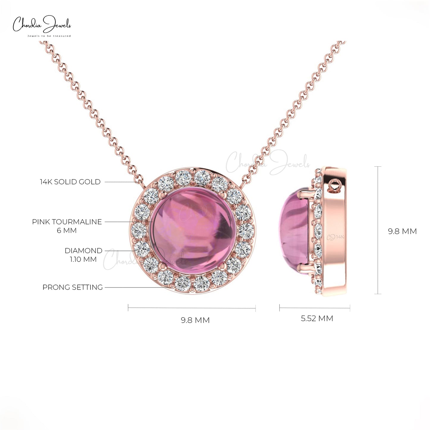 Perfect Pink Tourmaline 6mm Cabochon Necklace in 14K Solid Gold Pink Tourmaline / Rose Gold