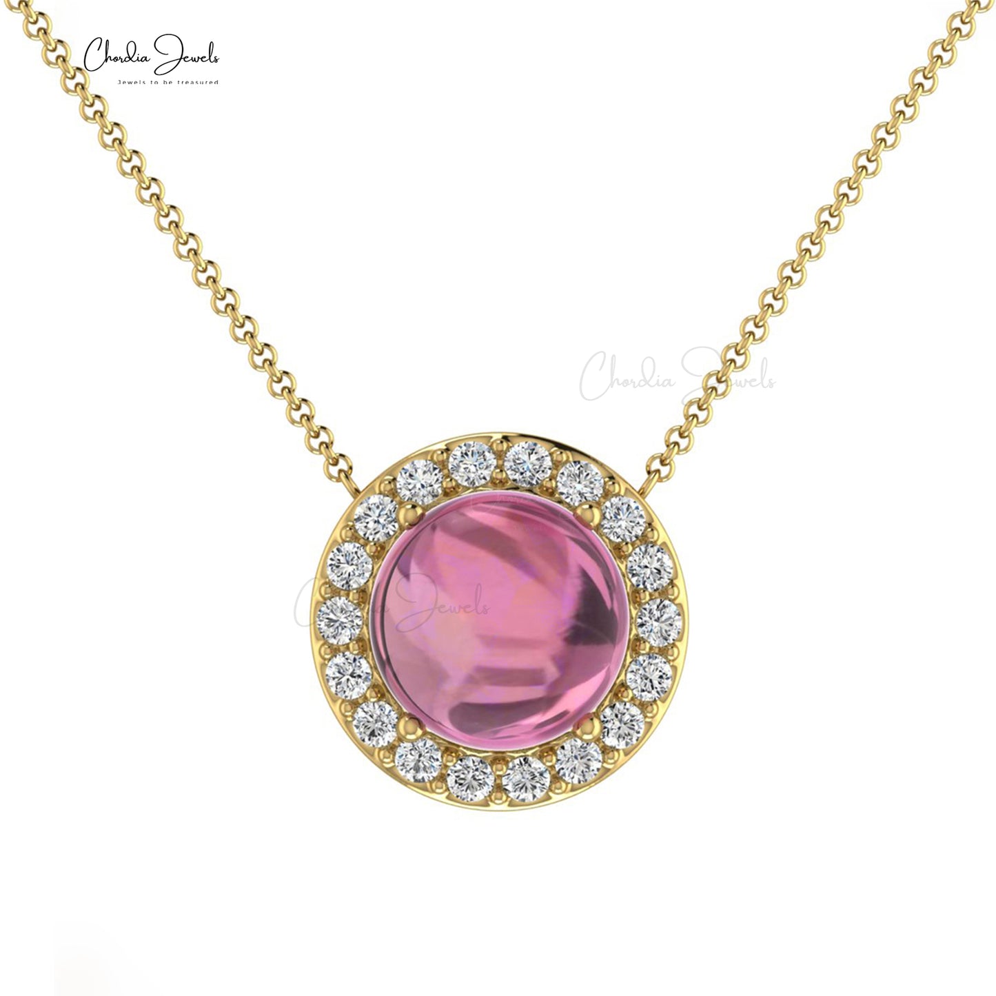 Natural Pink Tourmaline Cabochon Necklace, 14k Solid Gold Gemstone Necklace, 6mm Round Cut October Birthstone Dainty Necklace Gift for Her