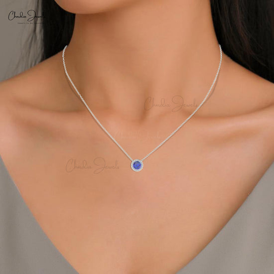 Genuine Tanzanite & Diamond Halo Dainty Necklace In 14k Gold