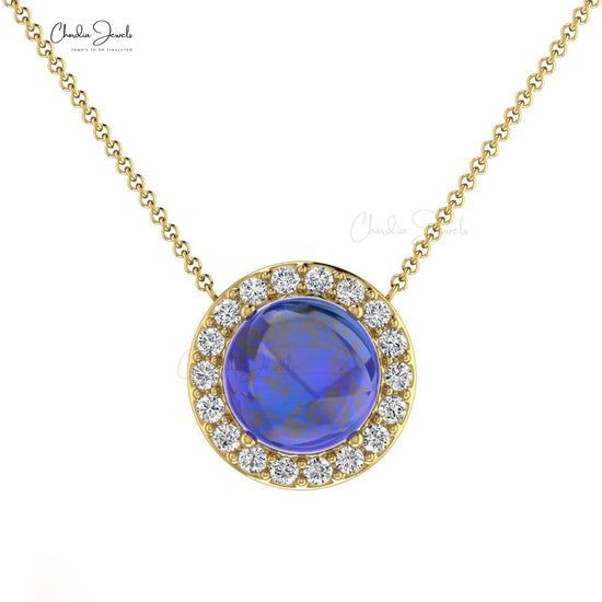 Load image into Gallery viewer, Natural Tanzanite 6mm Round Cabochon Cut 1.01 Ct Gemstone Halo Necklace 14k Solid Gold Pave Set White Diamond Jewelry For Anniversary Gift

