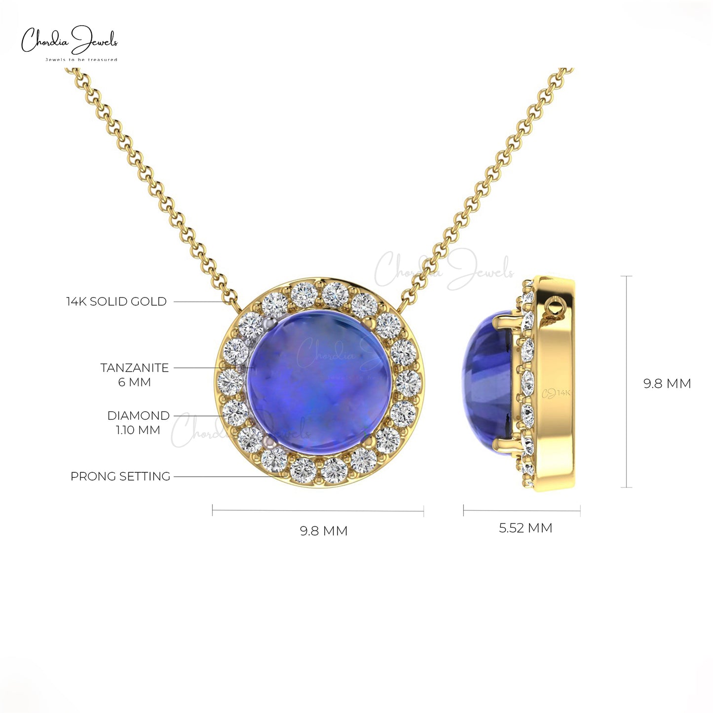 Genuine Tanzanite & Diamond Halo Dainty Necklace In 14k Gold