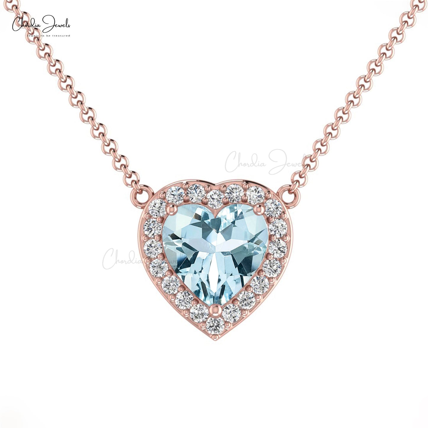 Natural Aquamarine Necklace in 14k Solid Gold Diamond Halo Necklace