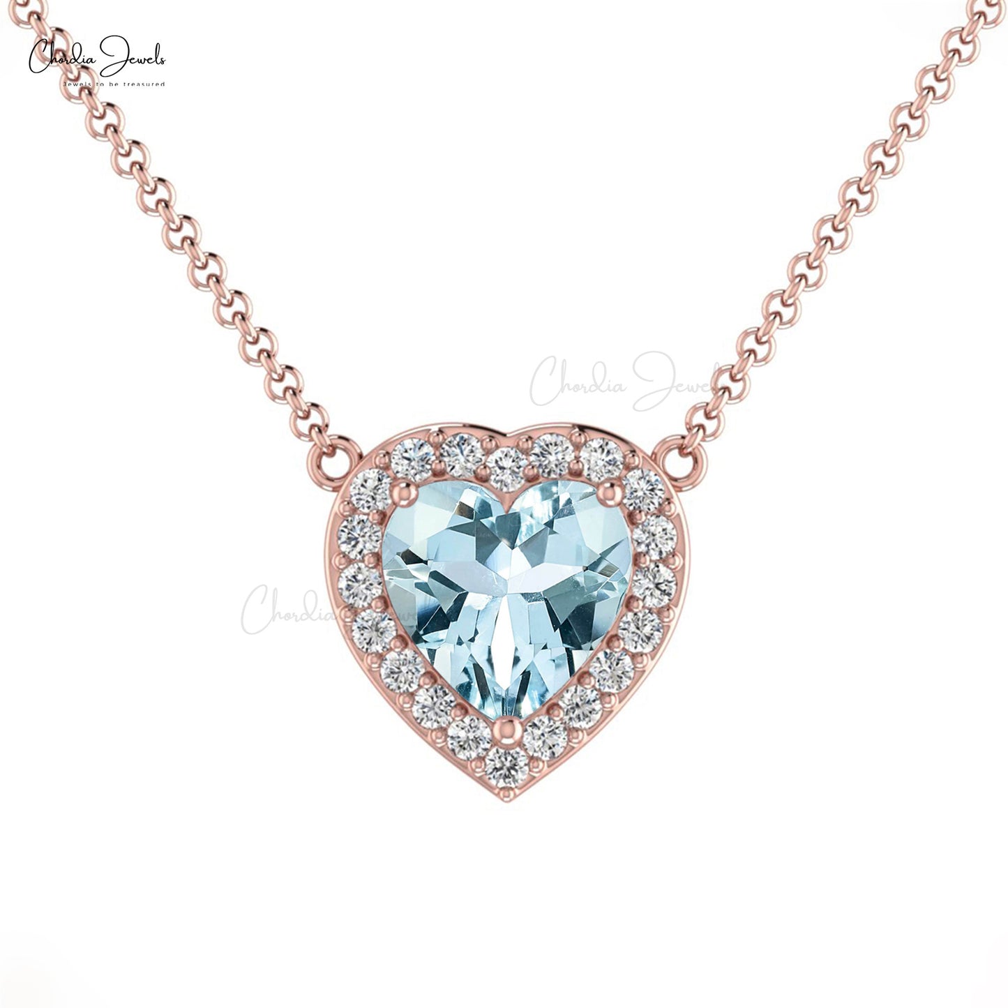 Halo Heart Necklace With Genuine Aquamarine & Diamond