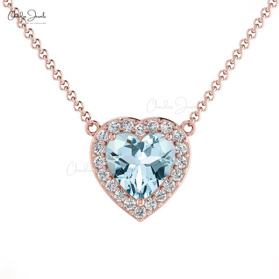 Natural Aquamarine Necklace in 14k Solid Gold Diamond Halo Necklace