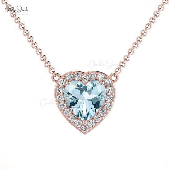 Halo Heart Necklace With Genuine Aquamarine & Diamond