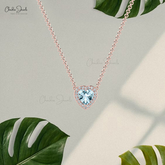 Halo Heart Necklace With Genuine Aquamarine & Diamond