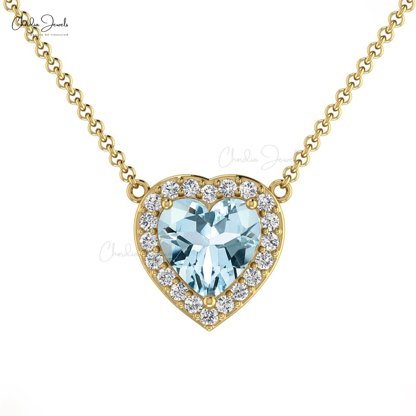 Halo Heart Necklace With Genuine Aquamarine & Diamond