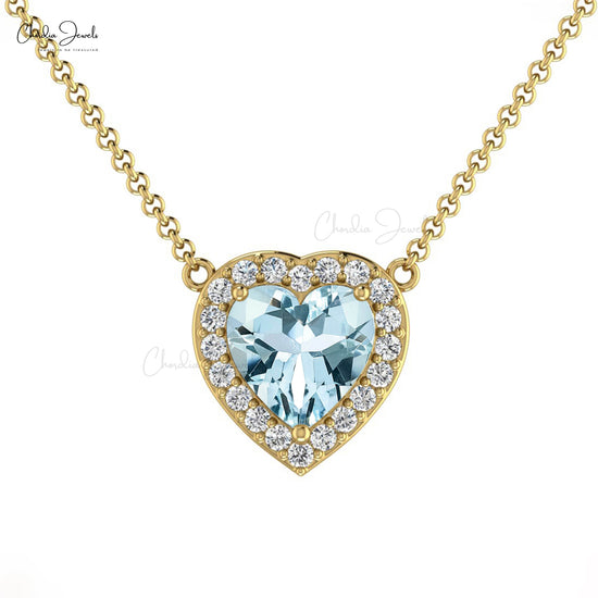 Halo Heart Necklace With Genuine Aquamarine & Diamond